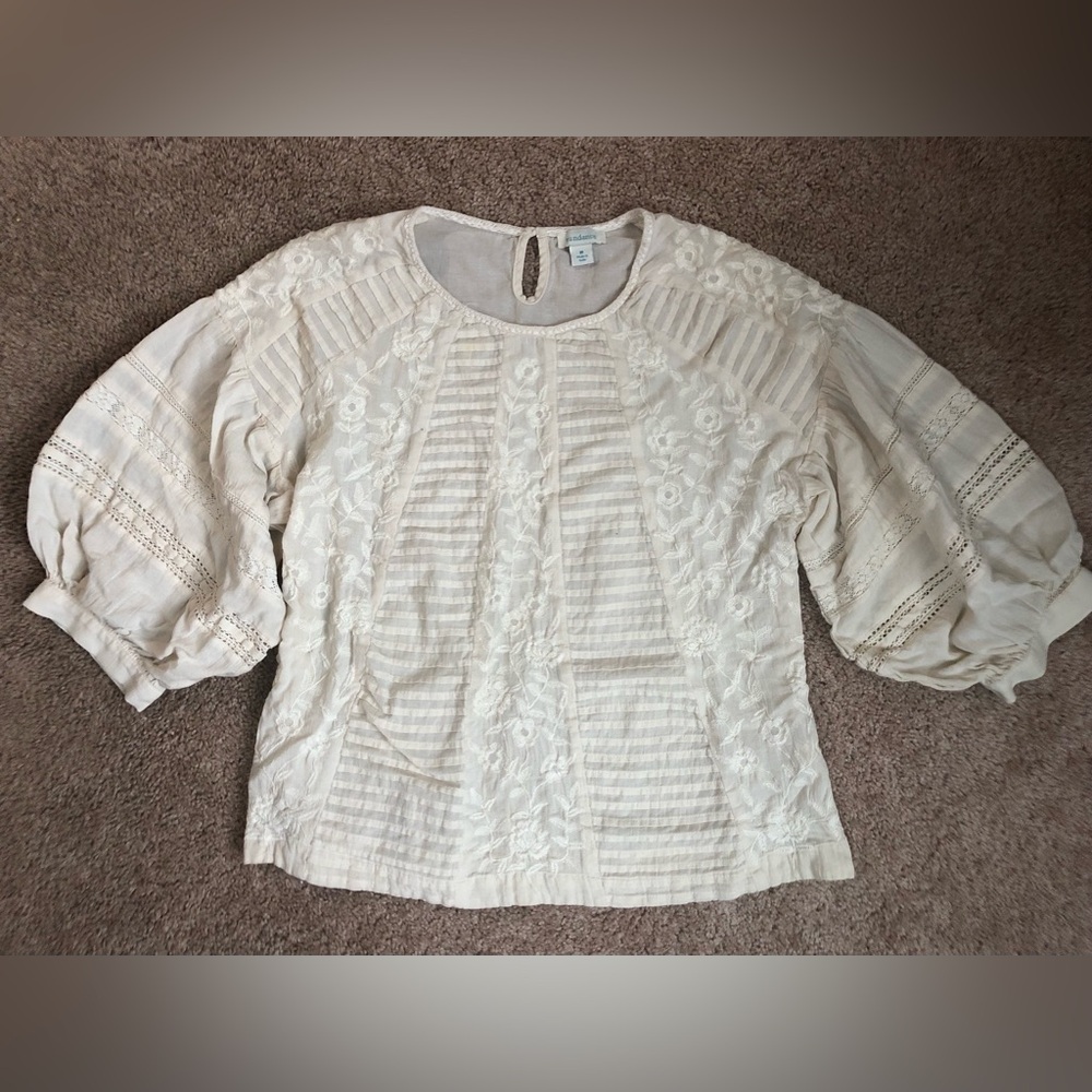 Sundance Blouse off white puff sleeve floral peasant top size medium
